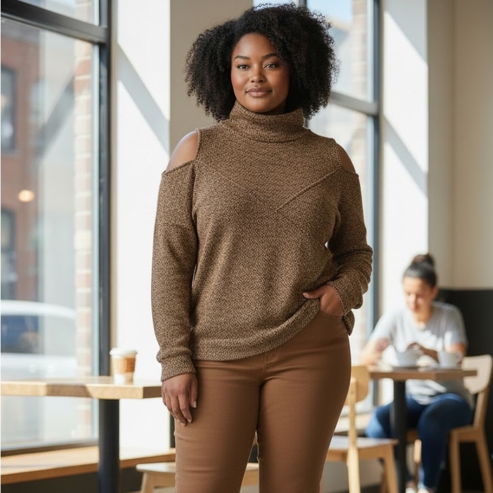 Sugar Brown Bare Shoulder Cowl Neck Sweater